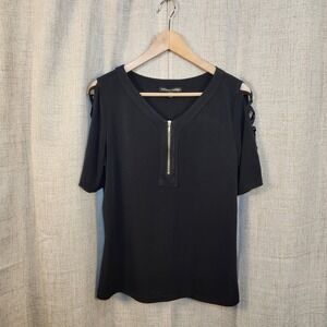Always Indigo‎ Pullover Blouse Women's M Black Lattice Sleeve Zipper V-Neck